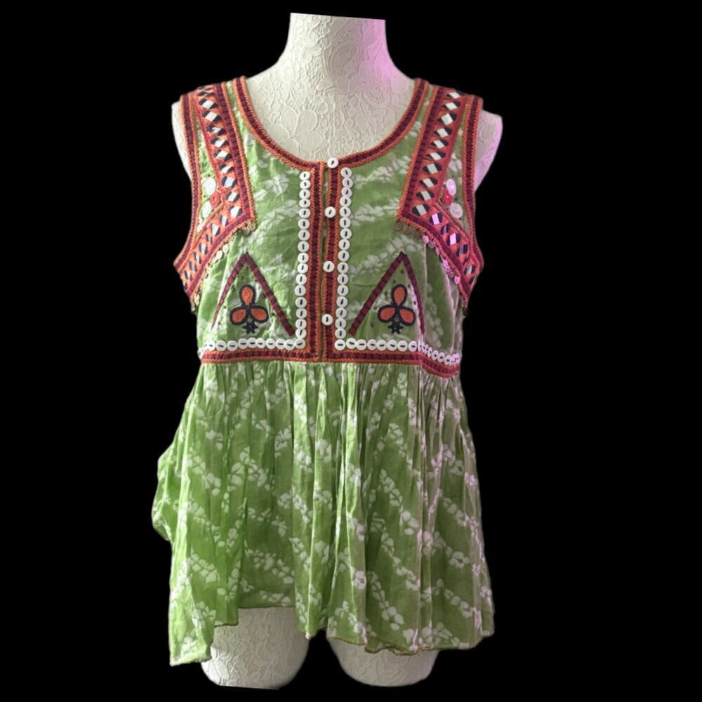 Indigo Moon Green Mirror Embroidered Festival Boho Top Medium Sleeveless Cotton